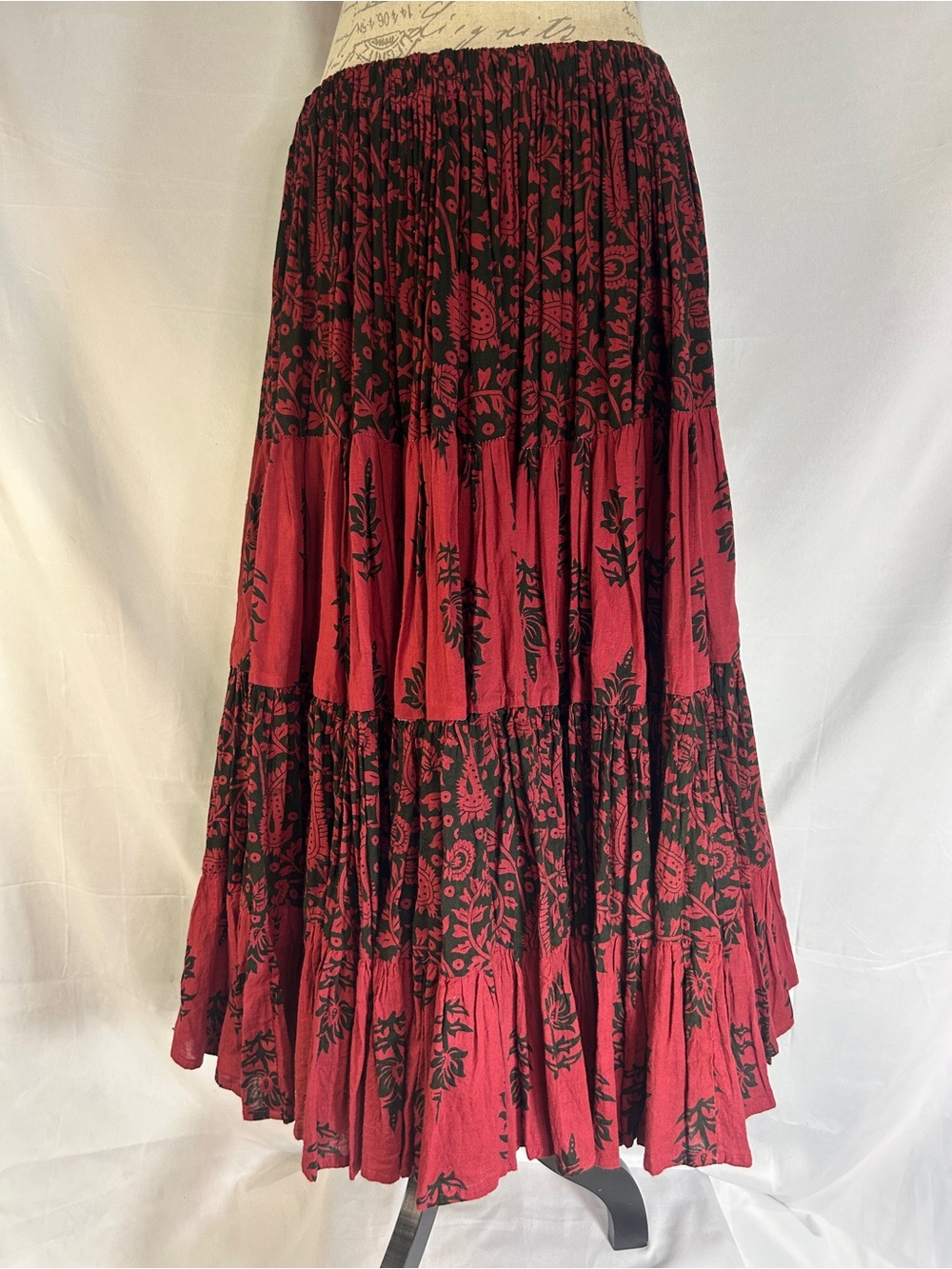 Flying Skirts Indian Block Print Tribal BellyDance Tiered Maxi Skirt Crimson Red